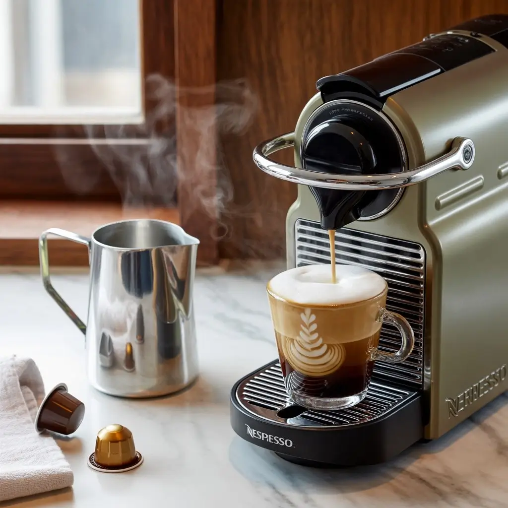 Nespresso Creatista Plus creating a latte with milk froth and latte art on a marble counter.