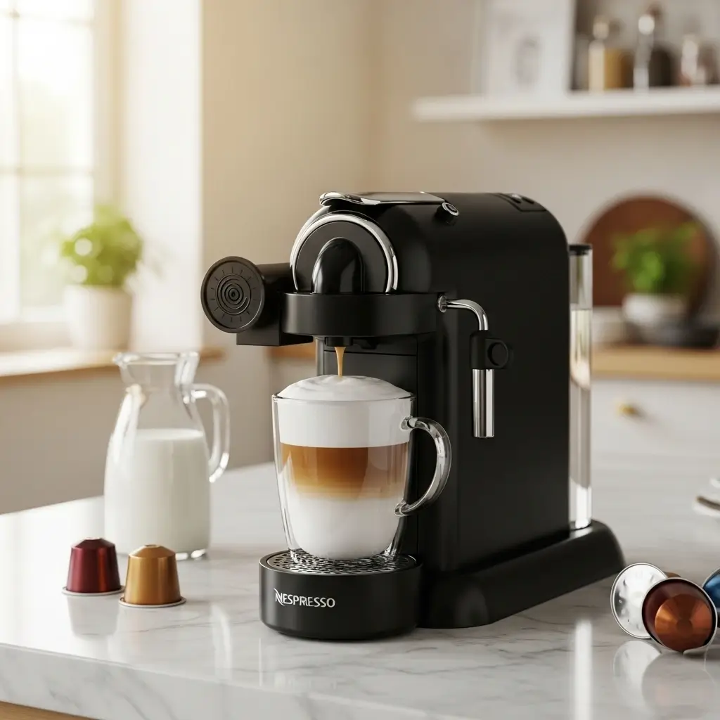 Nespresso Lattissima One making a latte with milk froth and coffee pods on a marble counter.