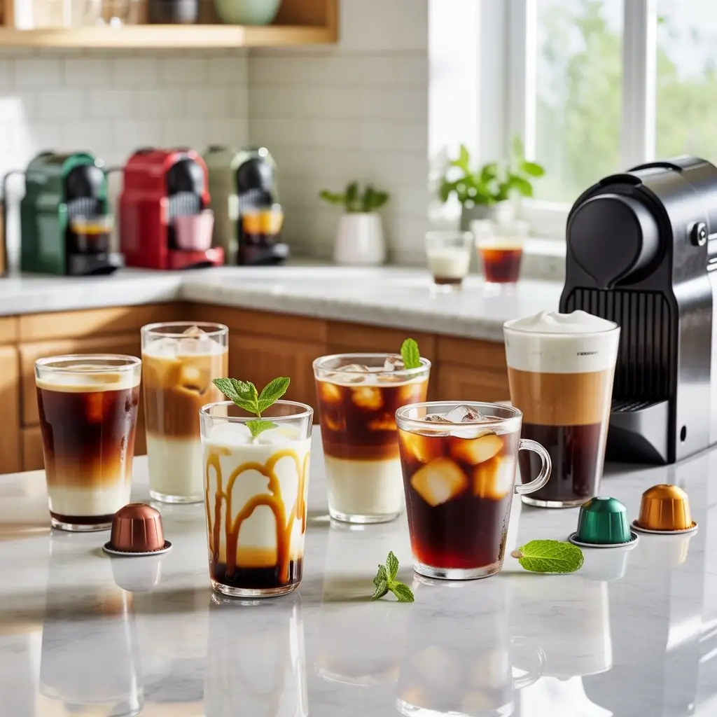 Assorted iced Nespresso drinks with layered coffee, milk, ice, and coffee pods on a marble counter.