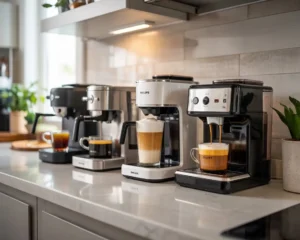 Five Philips coffee makers on a bright kitchen counter with cups of fresh coffee beside them.