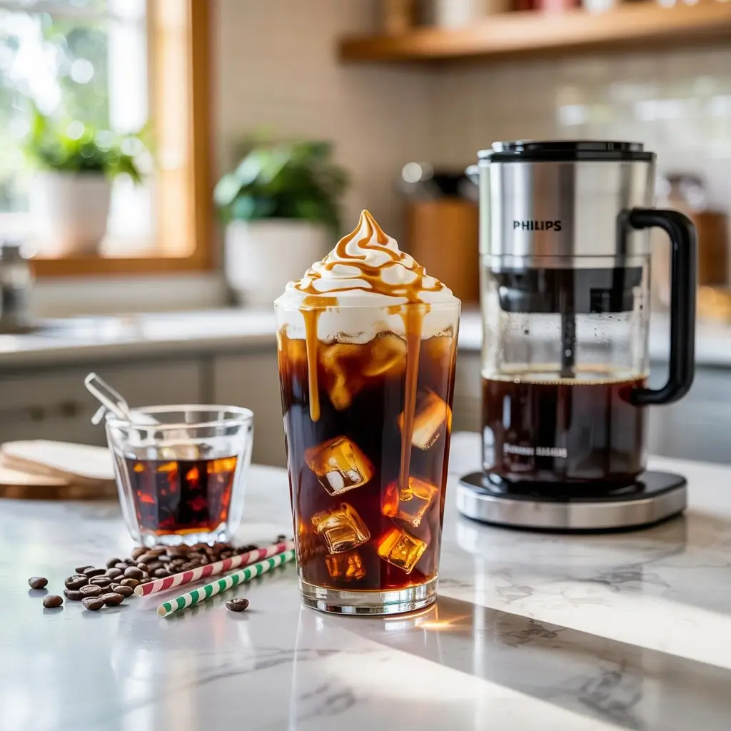 Philips iced coffee with whipped cream, caramel drizzle, and ice beside a Philips coffee maker on a marble counter.