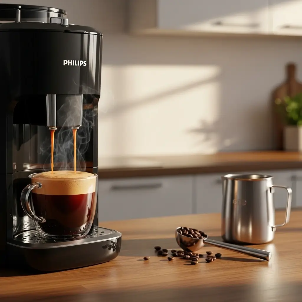 Philips coffee maker brewing coffee with rich crema and coffee beans on a wooden counter.