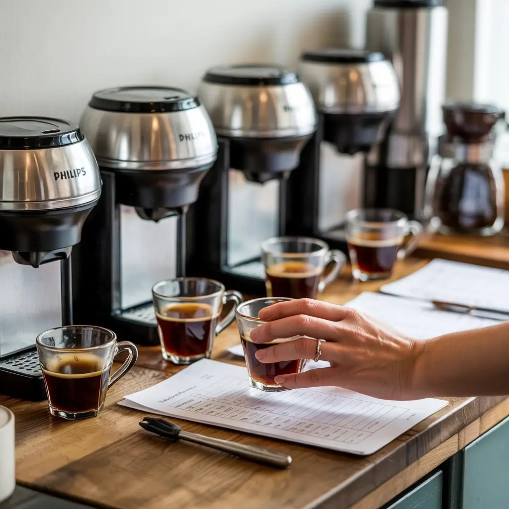 Coffee expert testing multiple Philips coffee makers with tasting notes and coffee cups on a wooden counter.