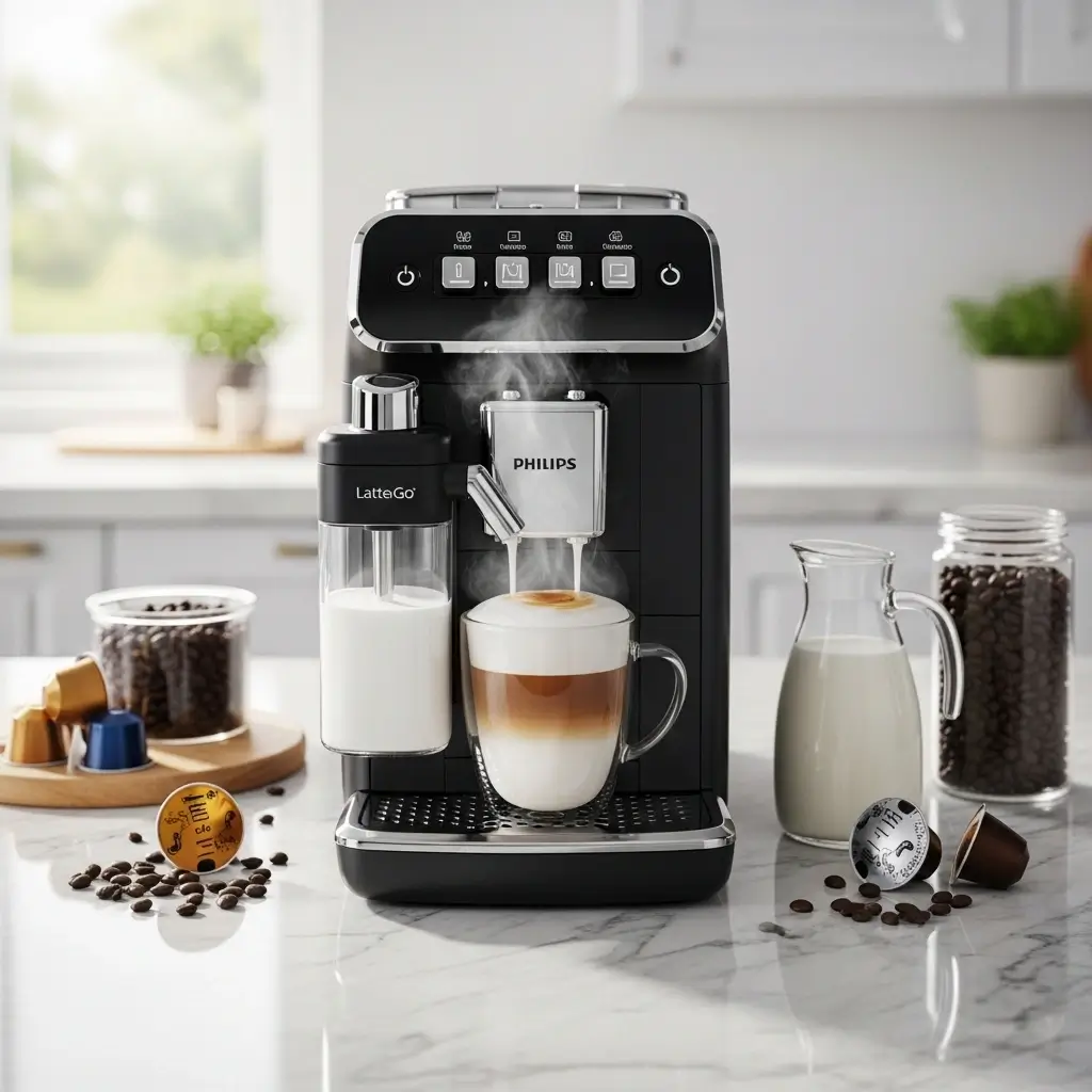Philips 3200 Series LatteGo machine making a latte with creamy foam and coffee beans on a marble counter.