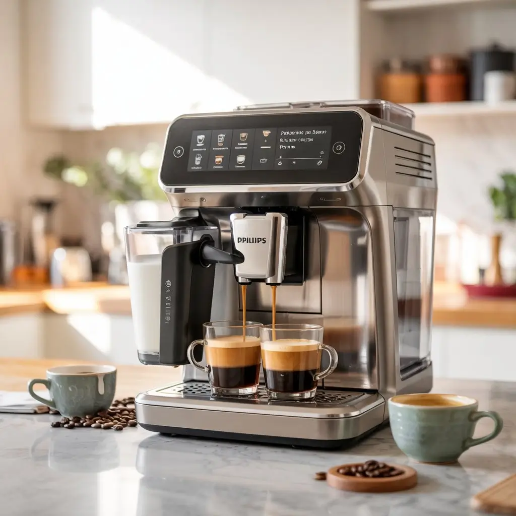 Philips 5400 Series Fully Automatic machine brewing espresso and cappuccino on a marble counter with coffee beans.