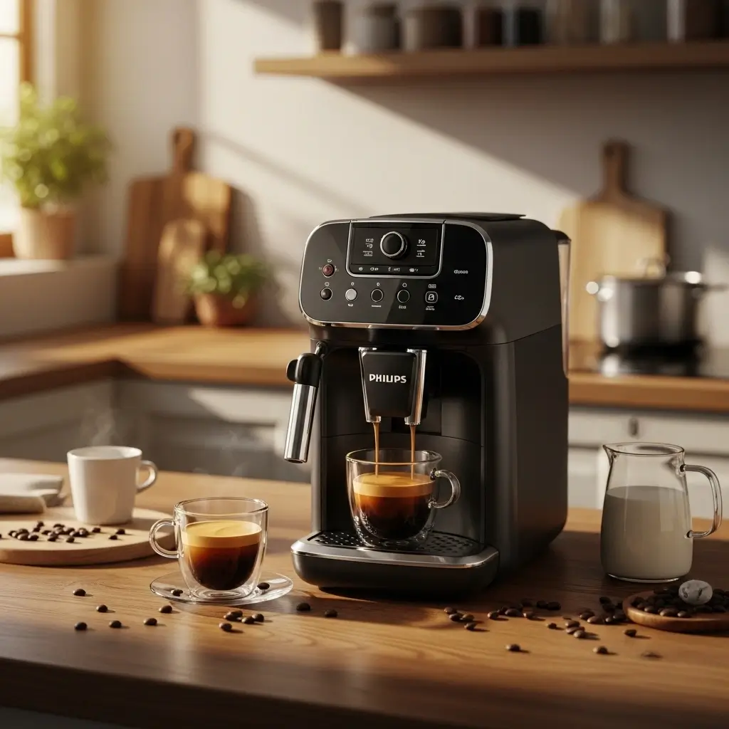 Philips 2200 Series Compact Espresso Maker brewing espresso with rich crema on a wooden counter.