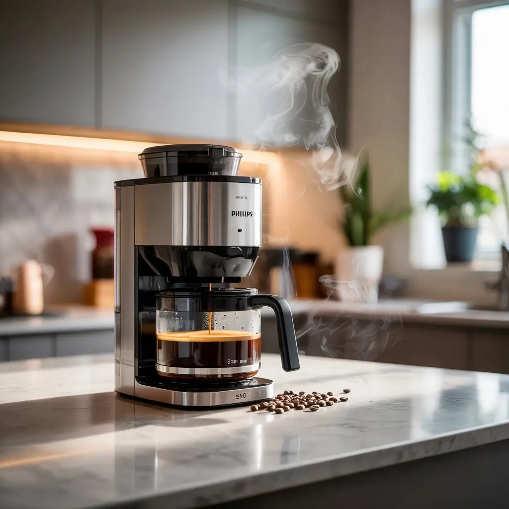 Philips Grind & Brew 5400 machine grinding coffee beans and brewing fresh coffee on a marble counter.