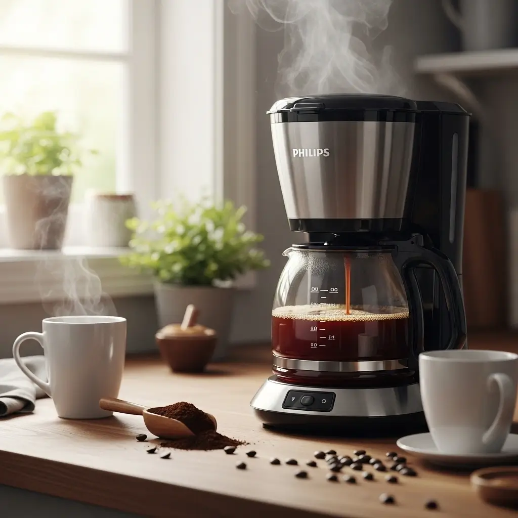 Philips Daily Collection Drip Coffee Maker brewing coffee into a glass carafe with steam rising.
