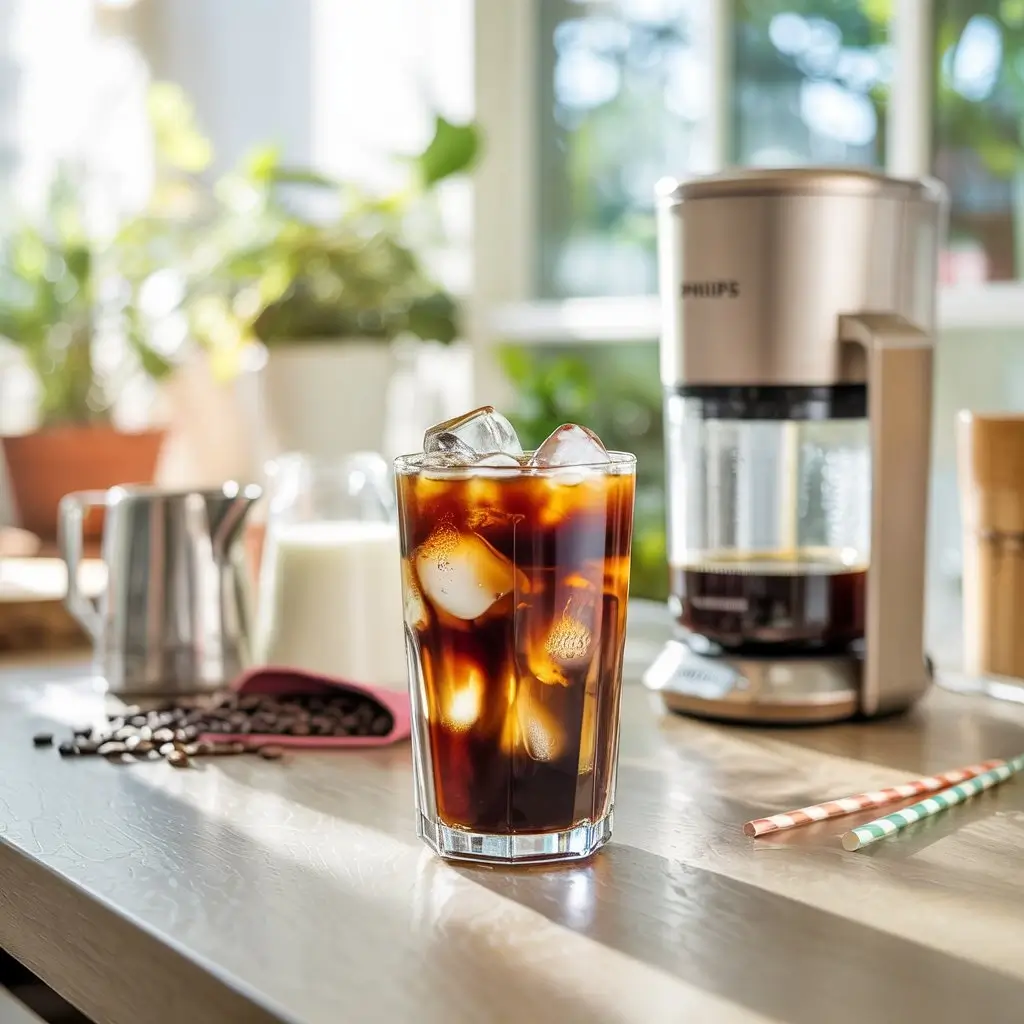 Philips iced coffee in a glass with ice, milk swirls, and condensation beside a Philips coffee maker.