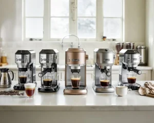 Five De’Longhi coffee machines on a marble counter with steaming cups of coffee in a modern kitchen.