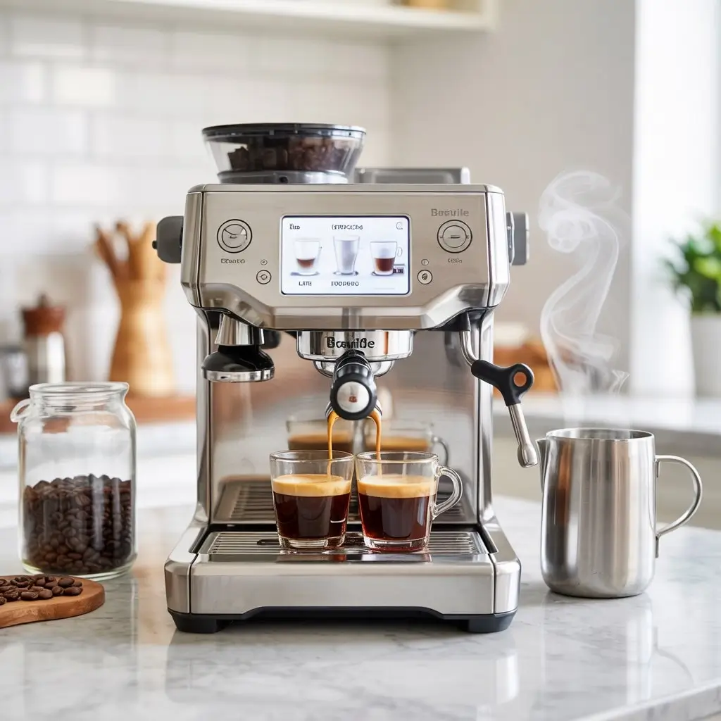 Breville Barista Touch espresso machine with touchscreen, built-in grinder, and espresso shot on a marble counter.