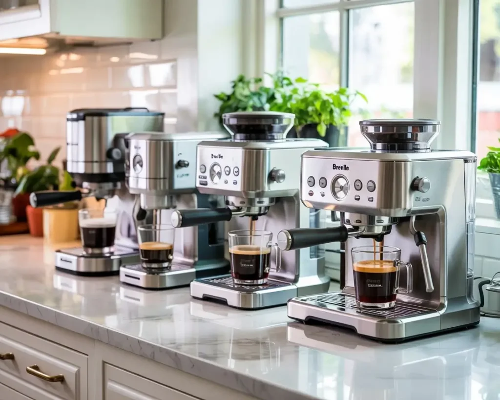 Five Breville coffee machines on a marble counter with steaming cups of coffee in a bright modern kitchen.