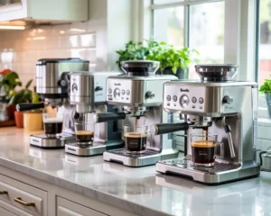 Five Breville coffee machines on a marble counter with steaming cups of coffee in a bright modern kitchen.