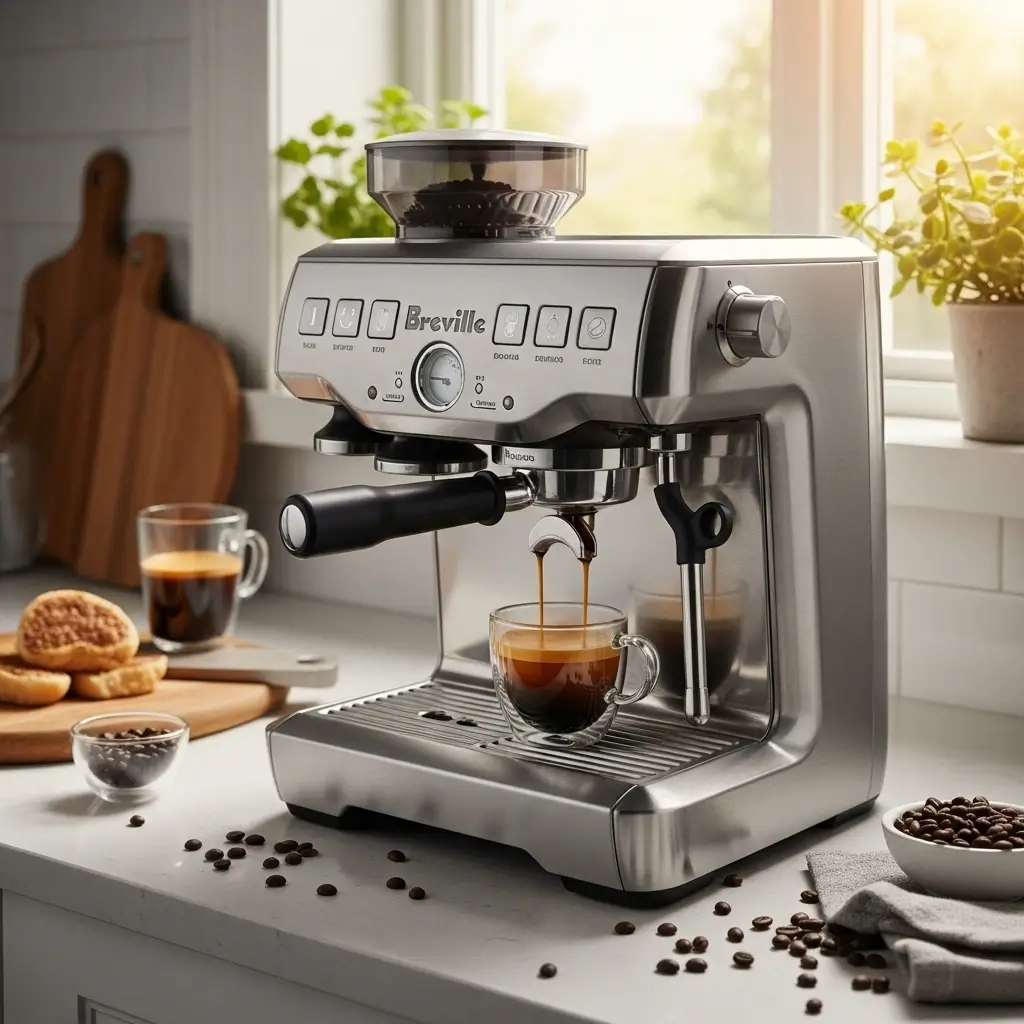 Breville espresso machine brewing espresso with golden crema in a bright modern kitchen.