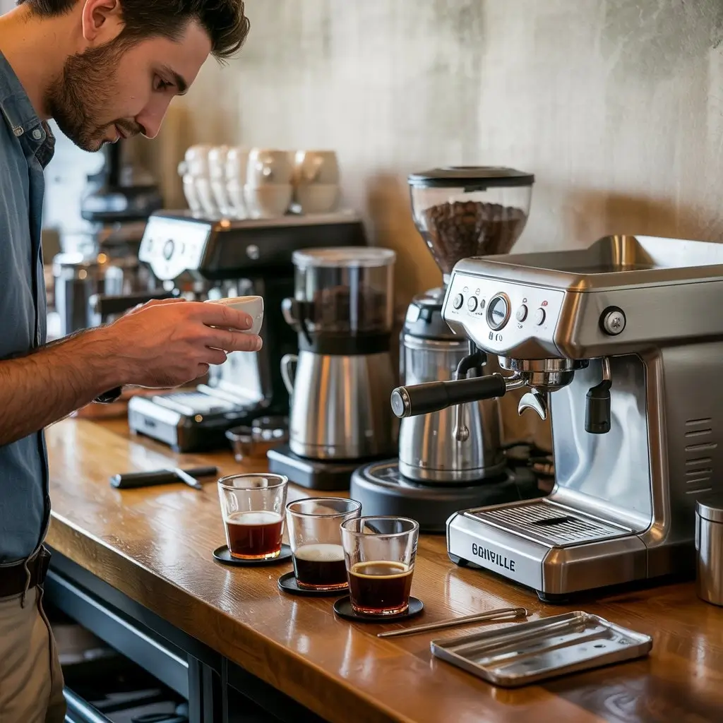 Barista testing different Breville coffee machines with tools and tasting cups on a counter.