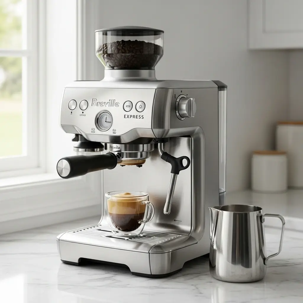 Breville Barista Express espresso machine grinding beans and preparing espresso on a marble kitchen counter.