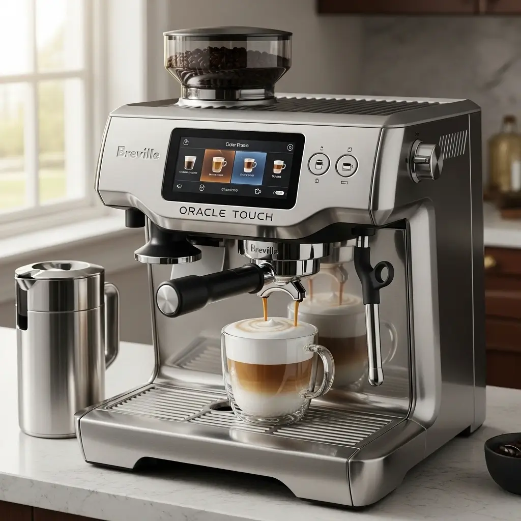 Breville Oracle Touch espresso machine with touchscreen and freshly brewed latte on a marble kitchen counter.