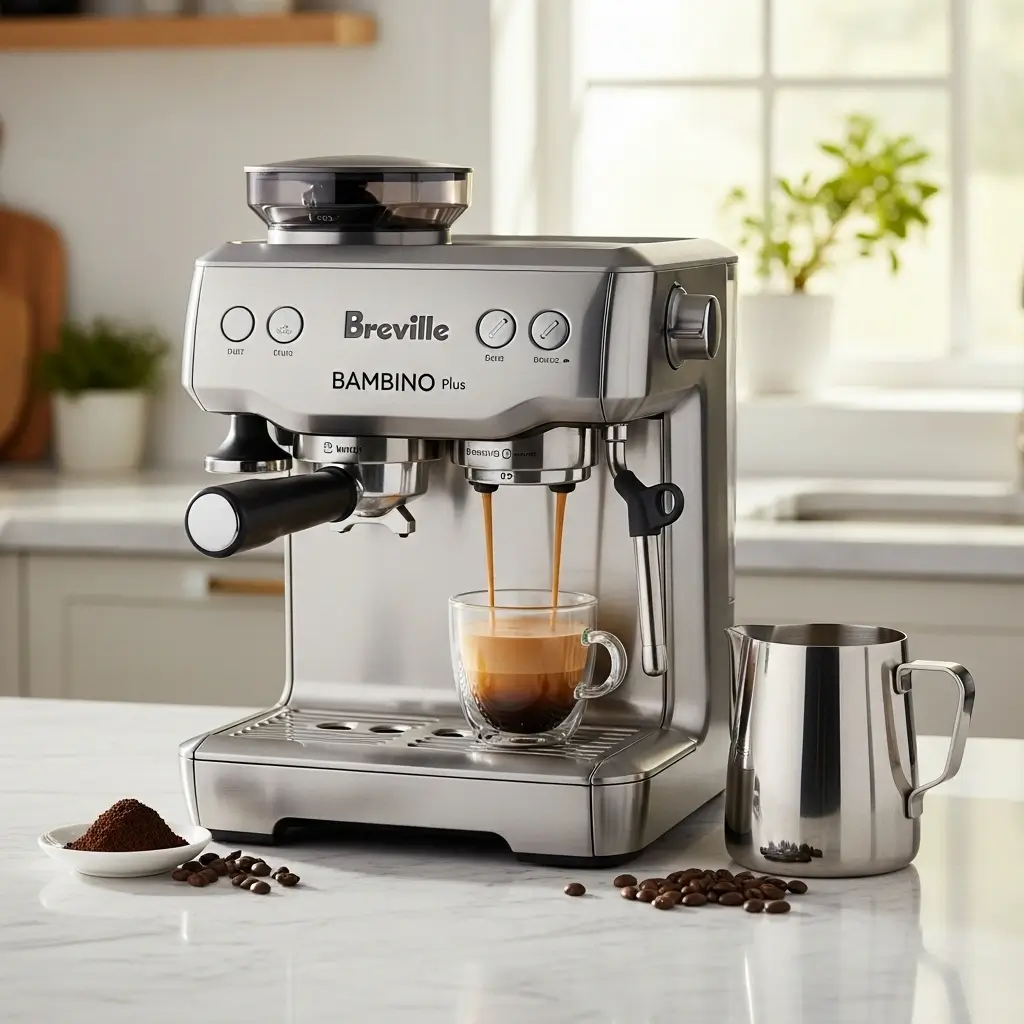 Breville Bambino Plus compact espresso machine brewing espresso and frothing milk on a marble counter.