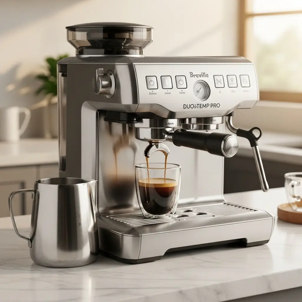Breville Duo-Temp Pro espresso machine brewing a shot on a marble counter with milk jug beside it.