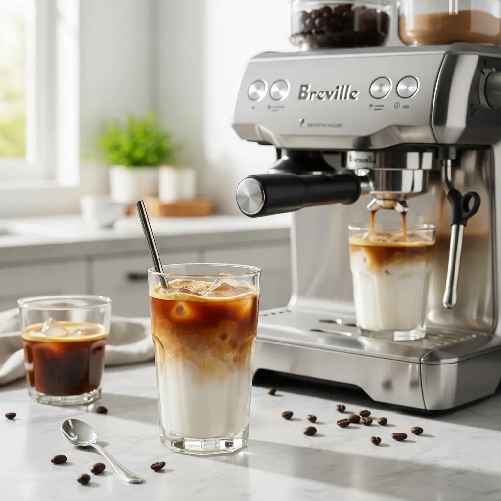 Freshly brewed Breville iced coffee poured over ice with milk and foam on a marble countertop.