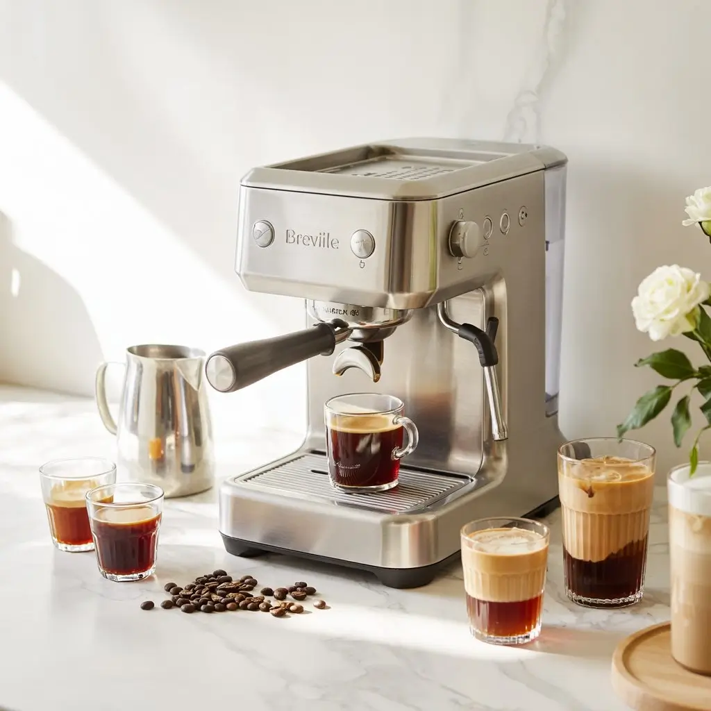 Breville coffee machine with espresso shots, milk jug, and iced coffee glasses showing creative coffee hacks.