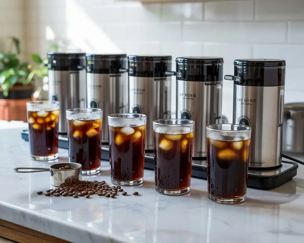 Five cold brew coffee machines on a marble counter with glasses of iced coffee beside them.