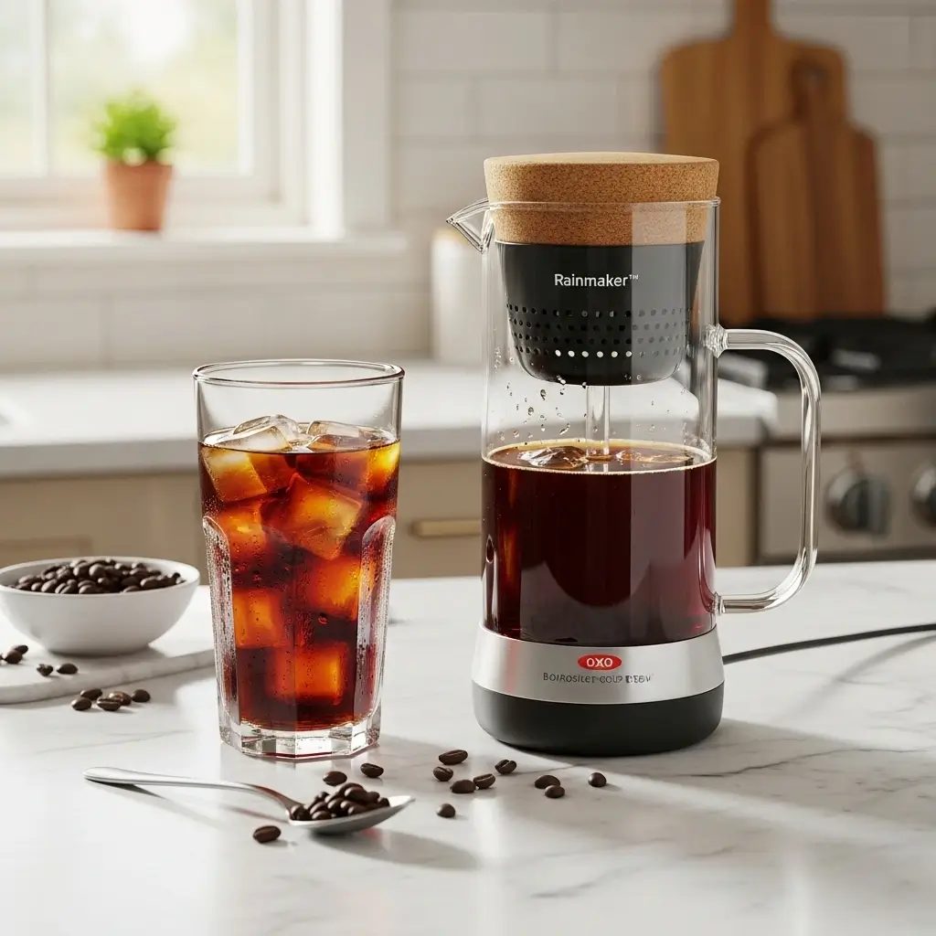 OXO Brew Compact Cold Brew Coffee Maker on a marble countertop next to a tall glass of iced coffee with condensation.