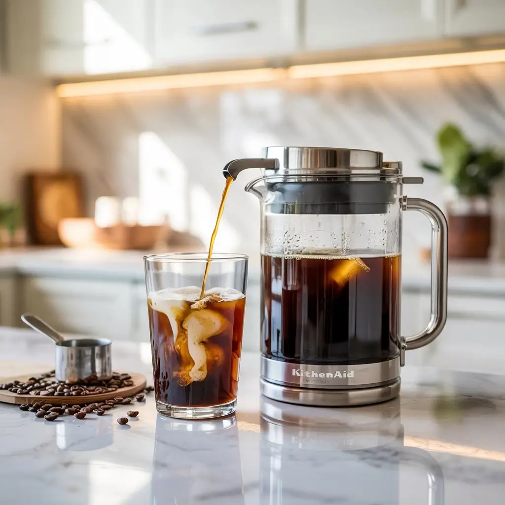 KitchenAid Cold Brew Coffee Maker with tap on marble counter alongside a glass of iced cold brew.
