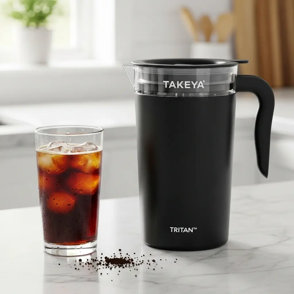 Takeya Deluxe Cold Brew Coffee Maker pitcher on a marble counter next to a glass of iced cold brew with condensation.