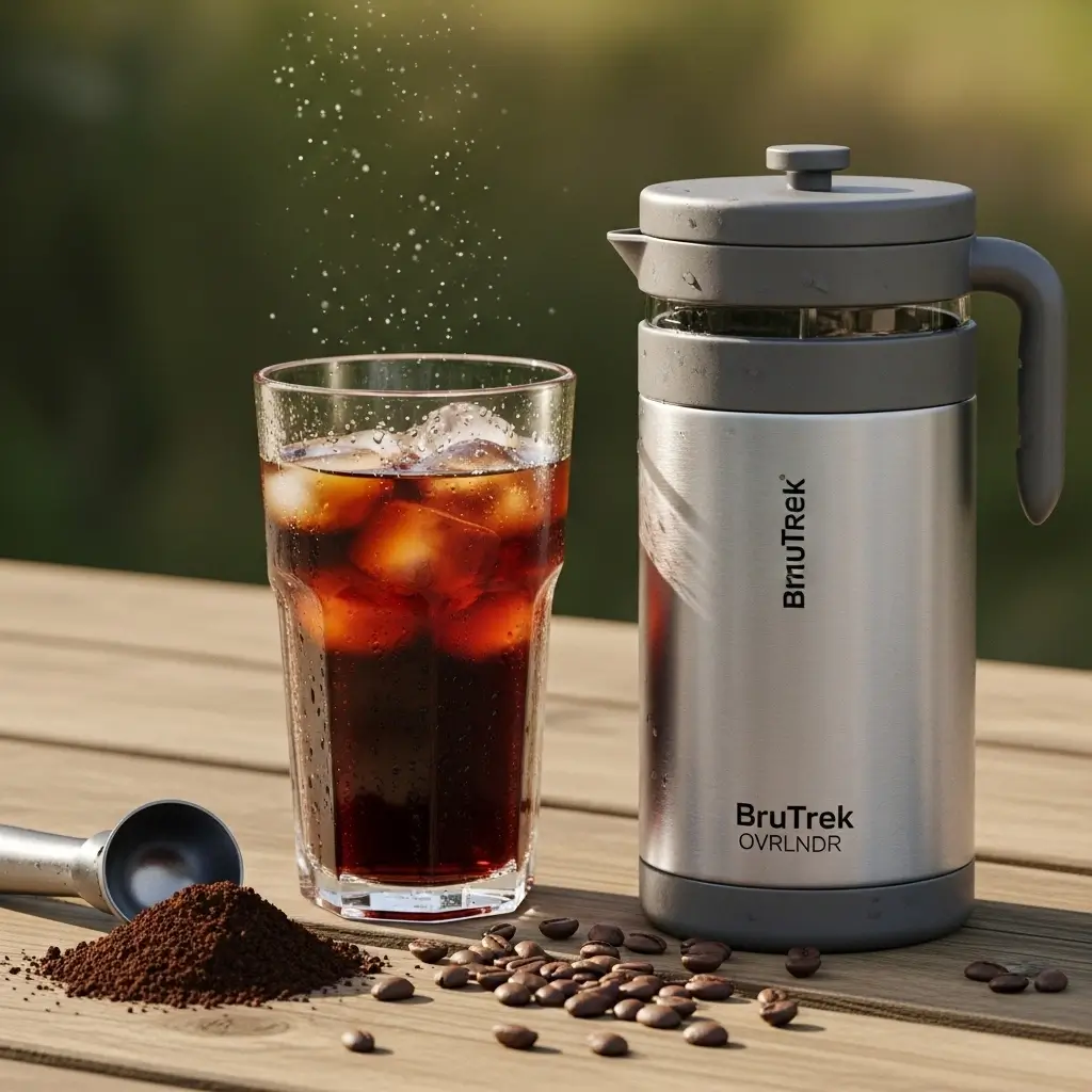 BruTrek OVRLNDR Travel Press brewer on a picnic table next to tall iced coffee with ice cubes.