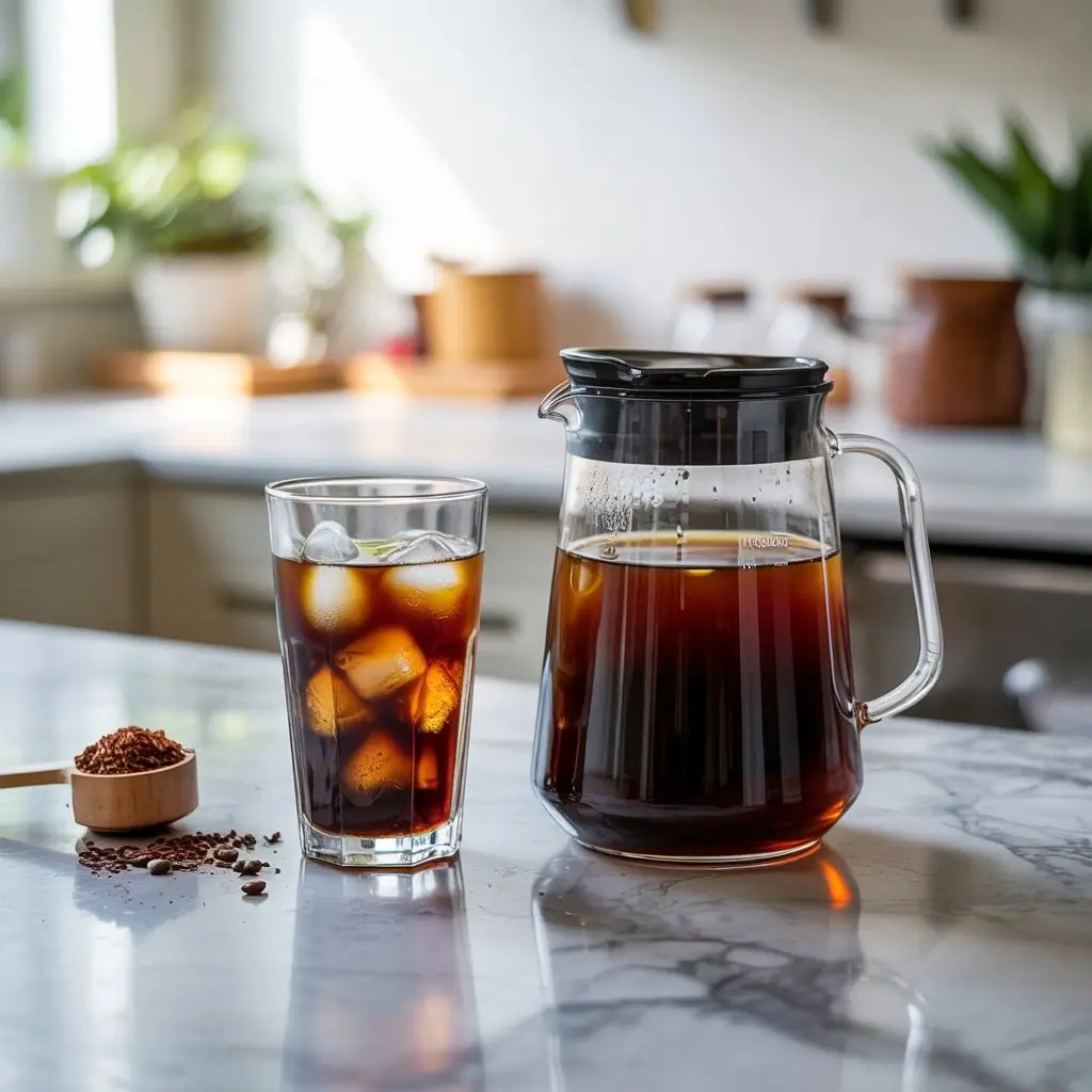Hario Mizudashi cold brew pitcher with iced coffee glass on marble kitchen counter.