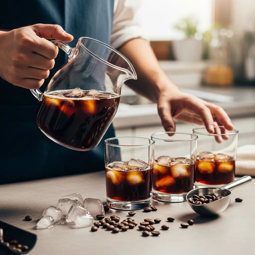 Barista preparing cold brew coffee with glass pitcher, ice glasses, and coffee beans on a marble countertop.