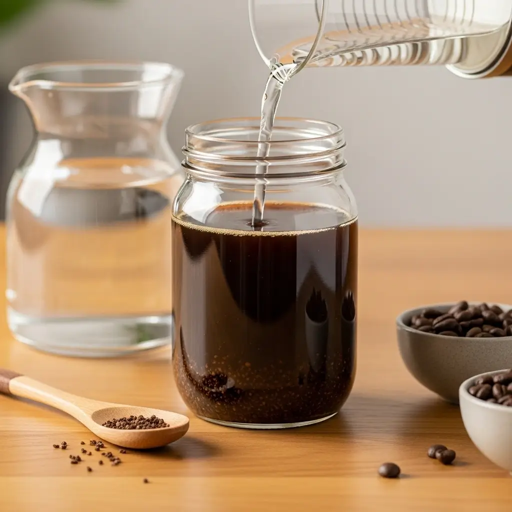 Glass jar of steeping cold brew coffee with coffee grounds, beans, and filtered water on a wooden counter.