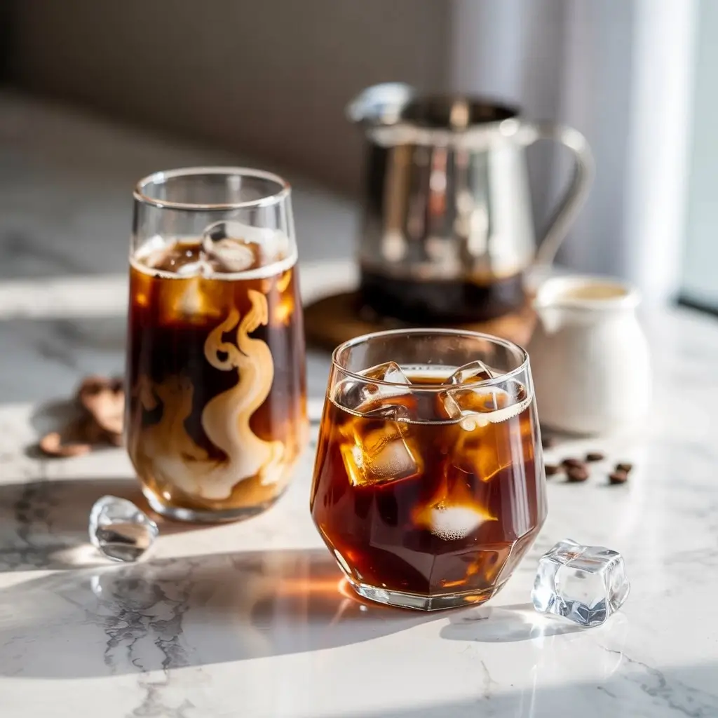 Two glasses of iced coffee made with cold brew, one with milk swirls and one with caramel foam, on a marble countertop.
