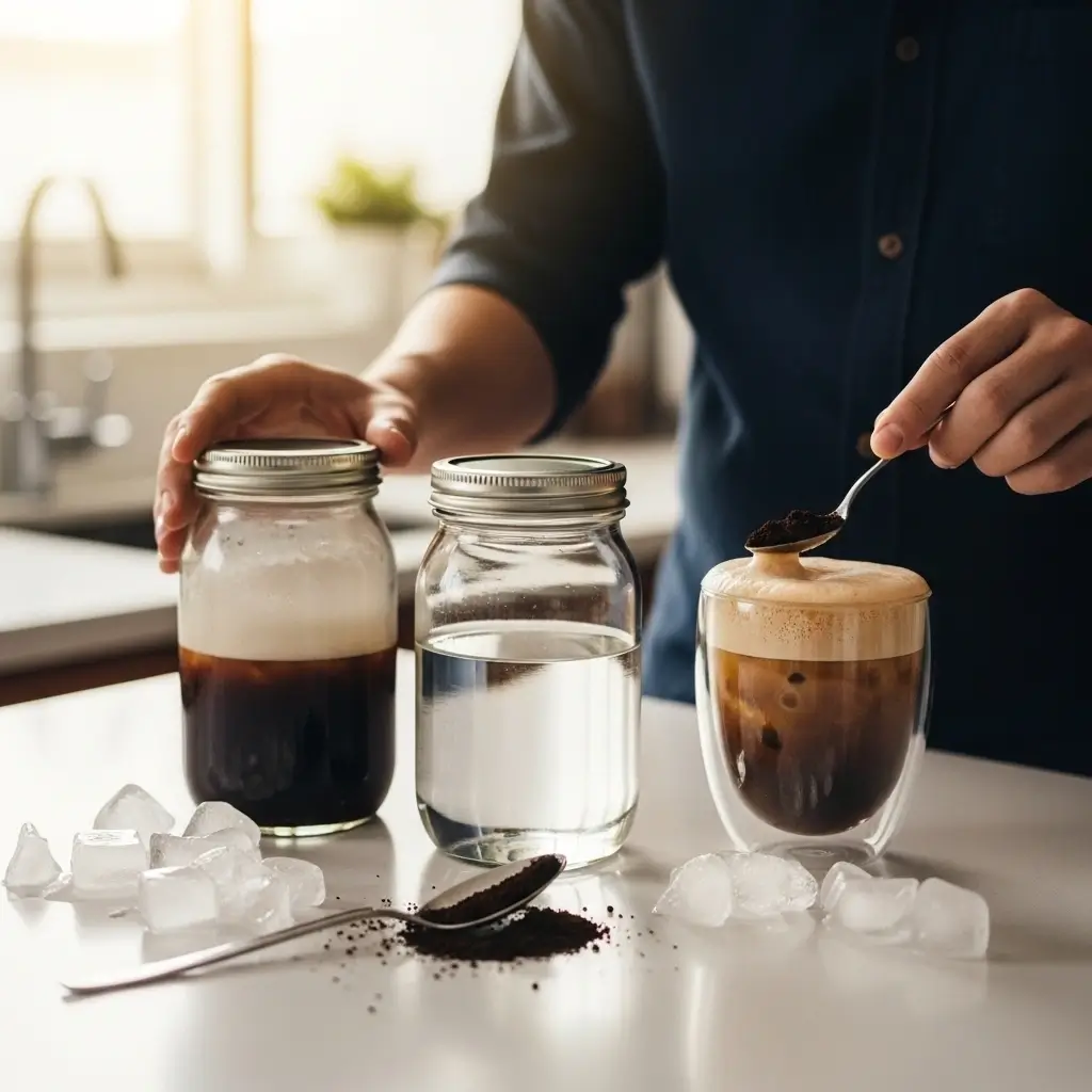 Barista comparing two jars of cold brew, one cloudy and one clear, on a kitchen counter with iced coffee and coffee grounds.