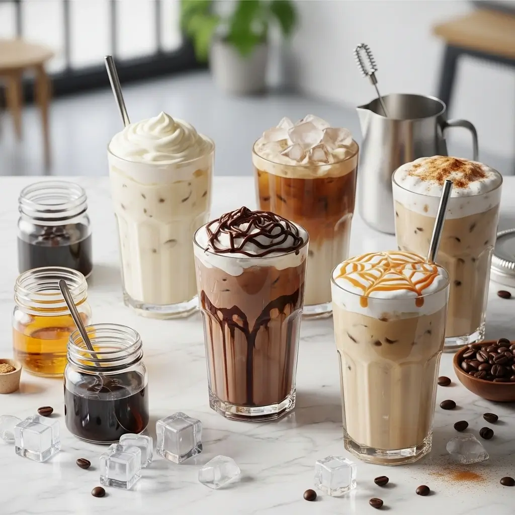 Assorted flavored iced coffees with vanilla, caramel, and mocha toppings on a marble counter with syrups and beans.