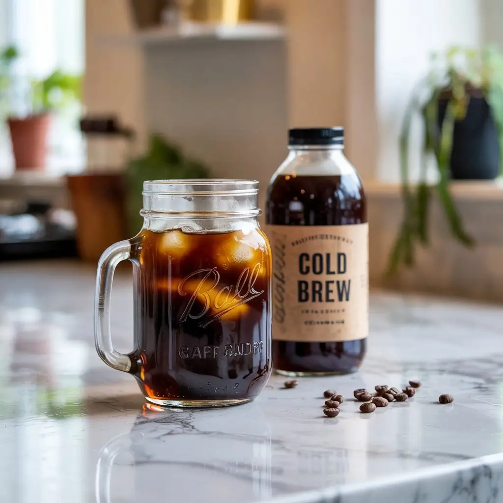 Homemade cold brew in a mason jar beside a store-bought bottle on a marble counter with coffee beans.
