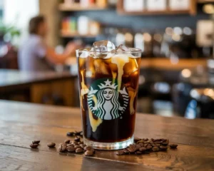 Starbucks Vanilla Sweet Cream Cold Brew with ice and cascading cream in a glass on a wooden café counter.