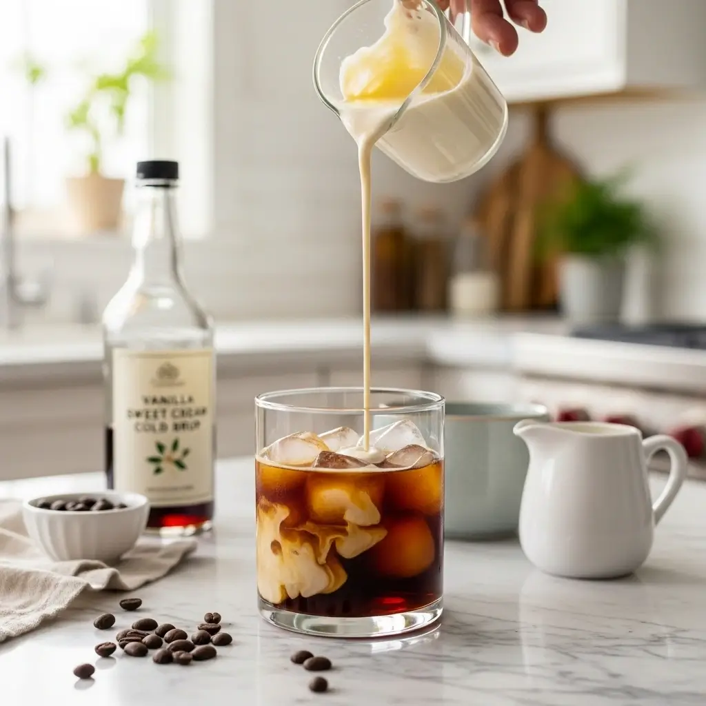 Homemade Vanilla Sweet Cream Cold Brew with cream being poured into iced coffee on a marble kitchen counter.