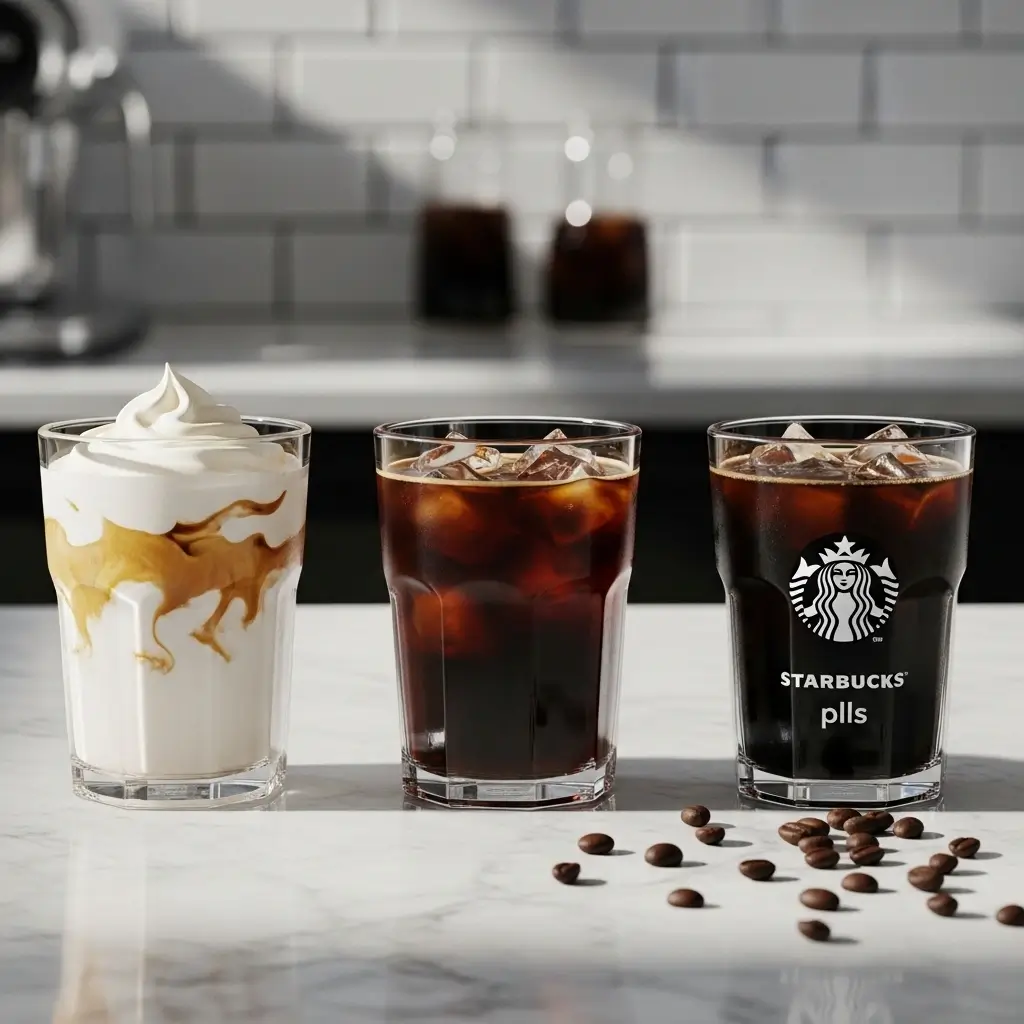 Three cold brew glasses showcasing flavor depth, creamy texture, and premium brand presentation on a marble counter.