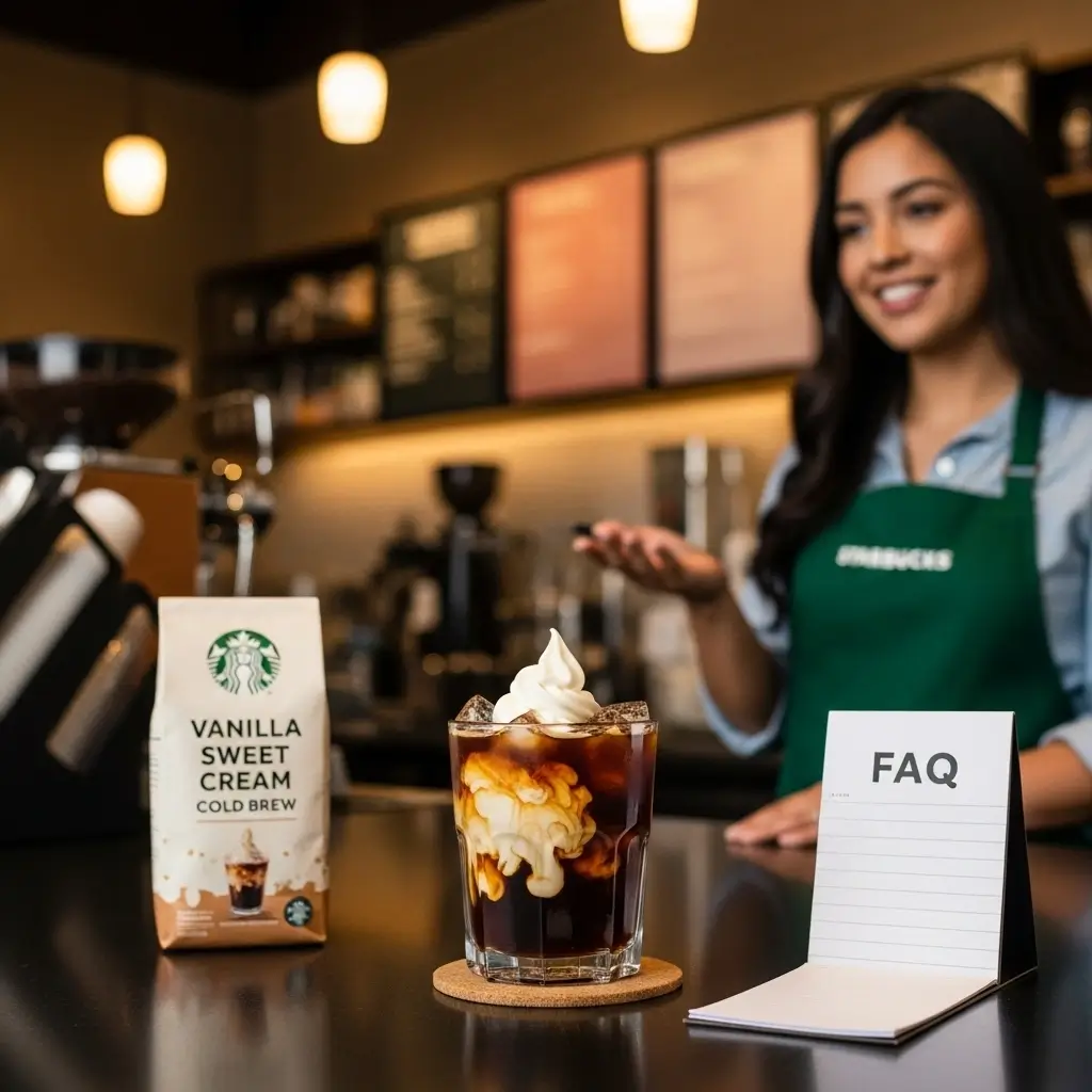 Barista beside a Vanilla Sweet Cream Cold Brew glass with an FAQ sign in a cozy café setting.