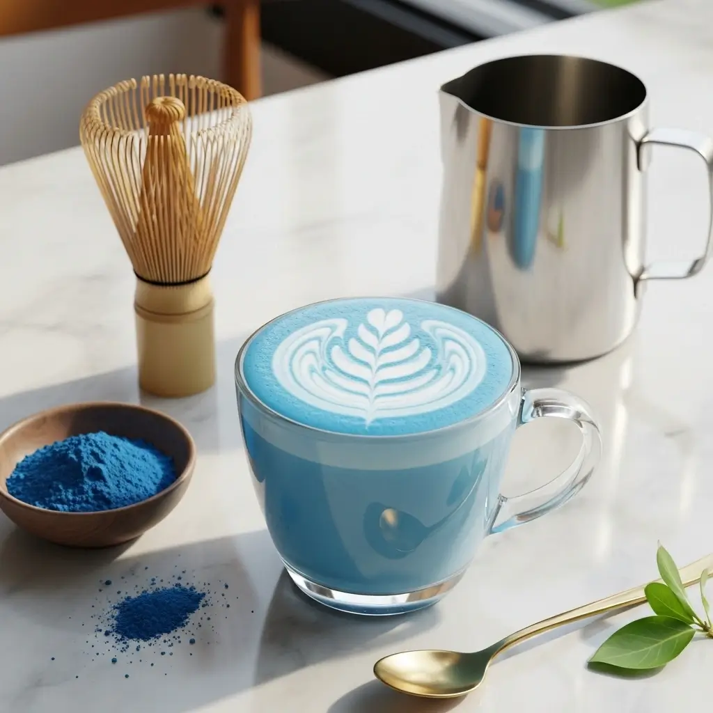 Blue Matcha Latte with milk swirls in a glass mug on a marble counter beside matcha powder and whisk.
