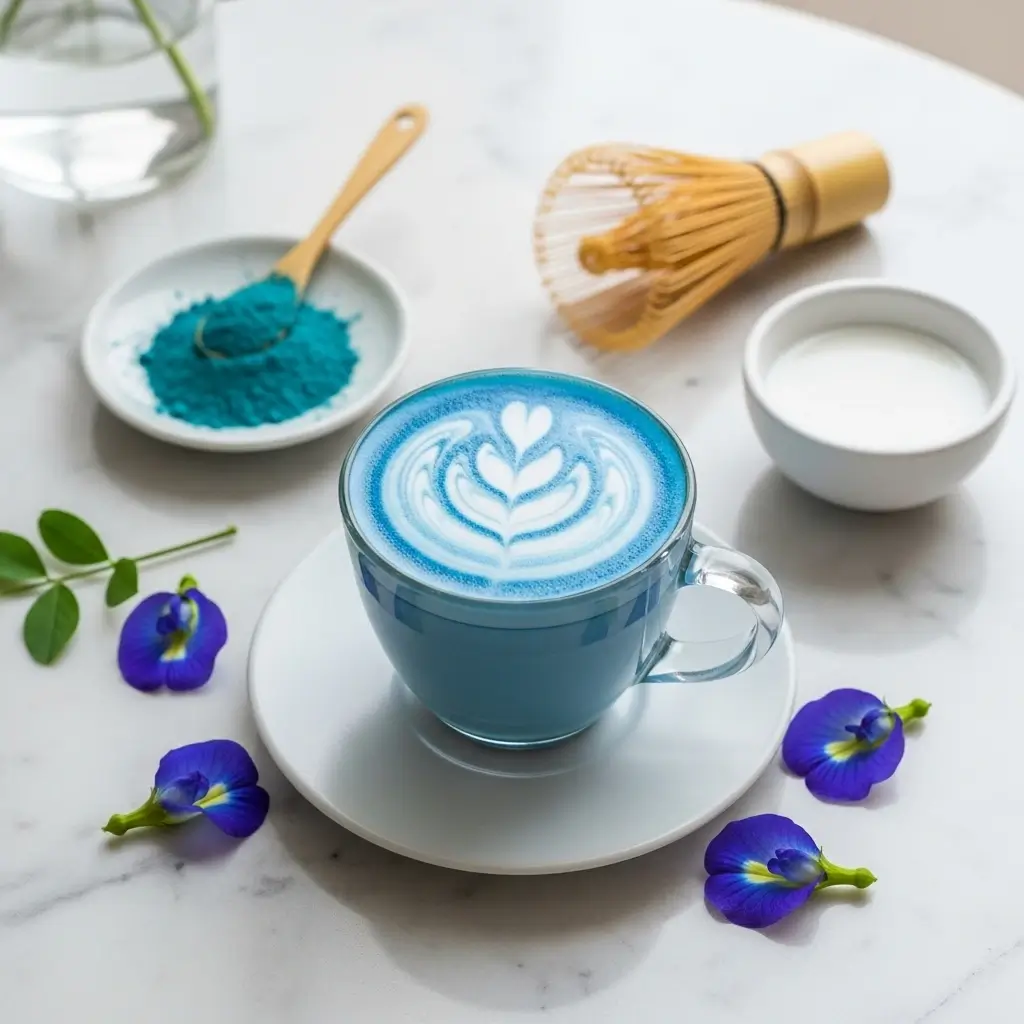 Blue Matcha Latte with creamy milk art in a glass cup surrounded by butterfly pea powder and whisk on a marble counter.