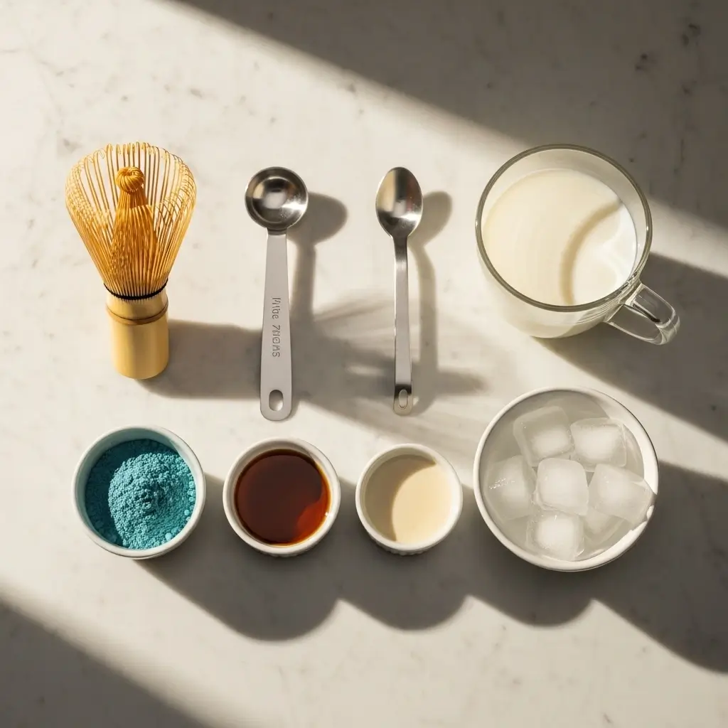Essential tools and ingredients for making café-quality drinks, including whisk, frother, and matcha powder on a marble counter.