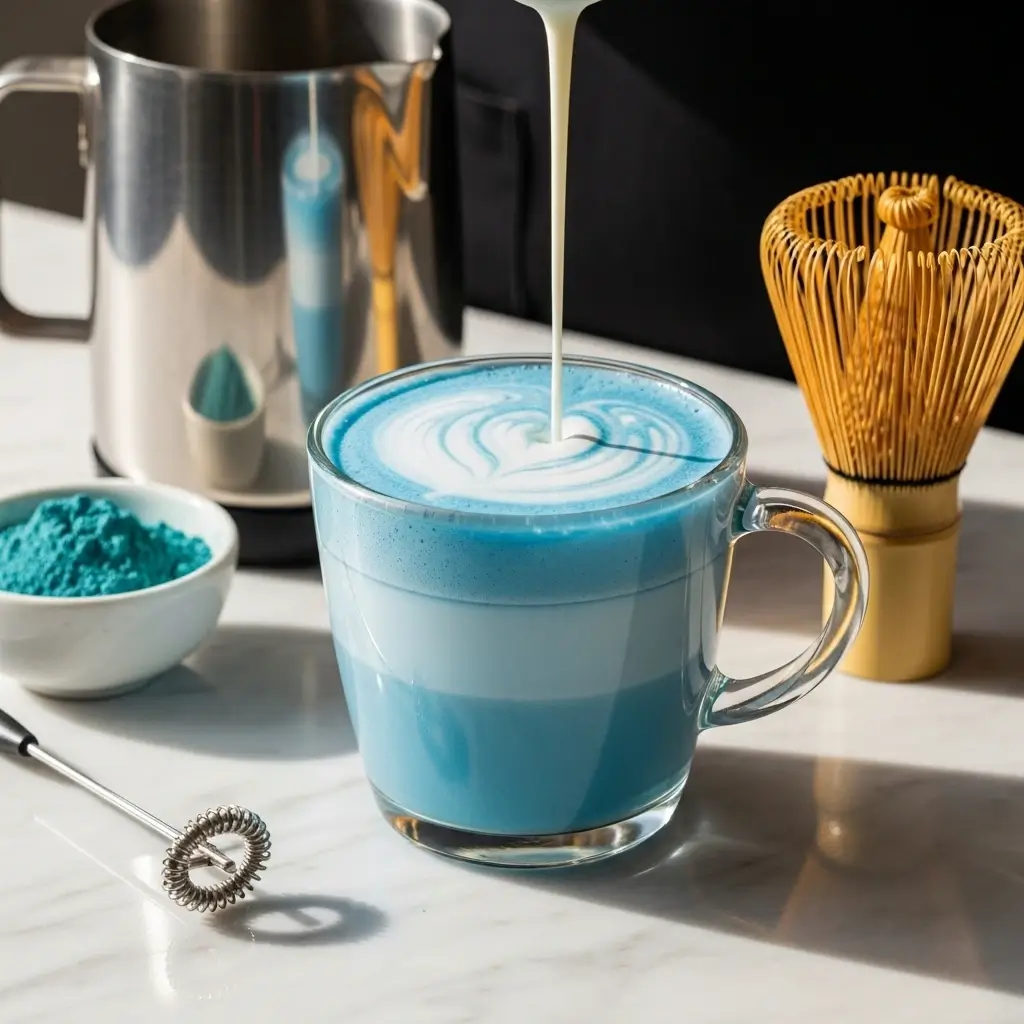 Layered Blue Matcha Latte showing distinct blue, milk, and foam layers with whisk and frother on a marble counter.