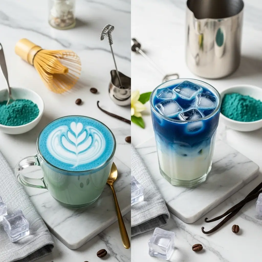 Classic hot Blue Matcha Latte and iced Blue Matcha coffee on a marble countertop with matcha tools and ingredients.