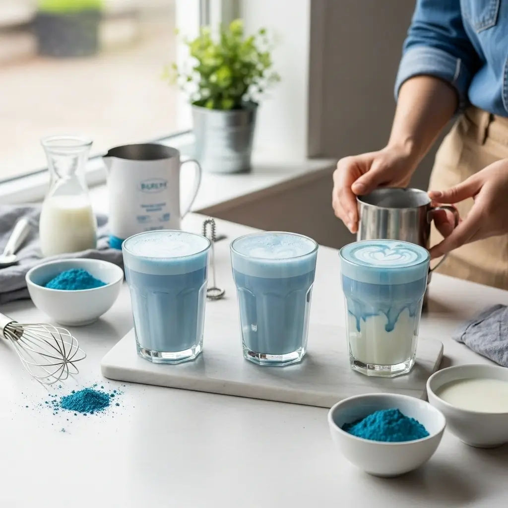Three Blue Matcha Lattes showing perfect, imperfect, and creative variations on a marble counter with tools and ingredients.