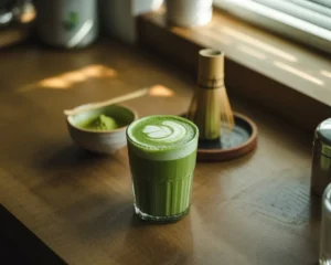 Vibrant green matcha latte with milk foam in a glass cup beside whisk and matcha powder bowl.