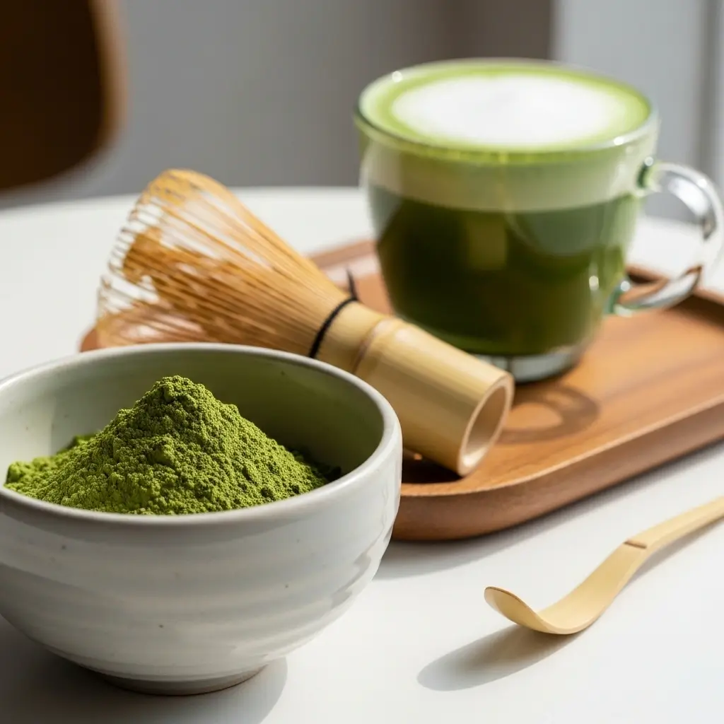 Ceramic bowl of green matcha powder with whisk and a glass of fresh matcha latte on a wooden tray.