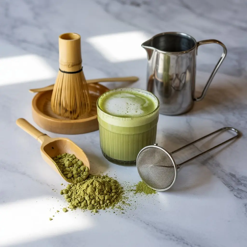 Bamboo whisk, matcha scoop, milk frother, and bowl of green matcha powder beside a glass of matcha latte on a marble counter.
